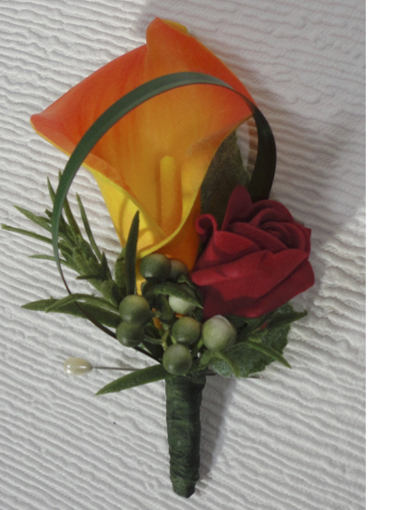 Red Rose Bud & Real Touch Orange Calla Lily Buttonhole